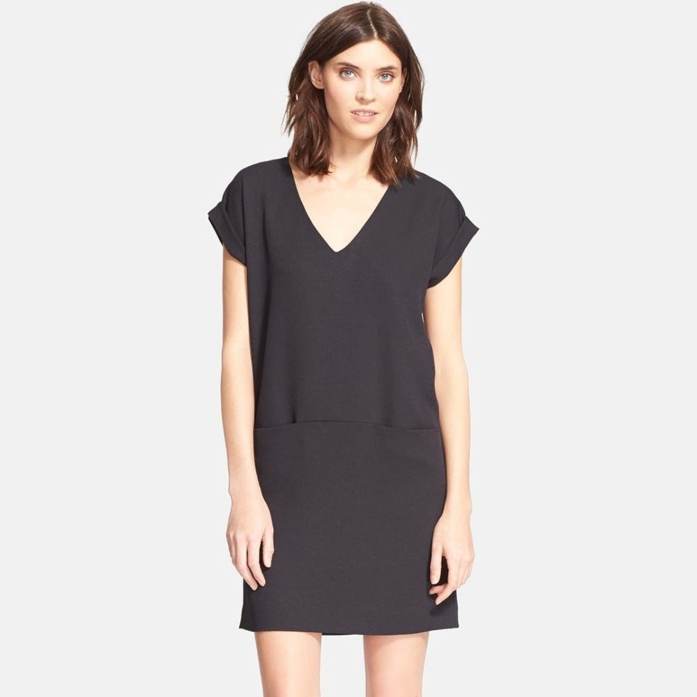 VINCE Rolled Sleeve Shift Dress Pocket Black